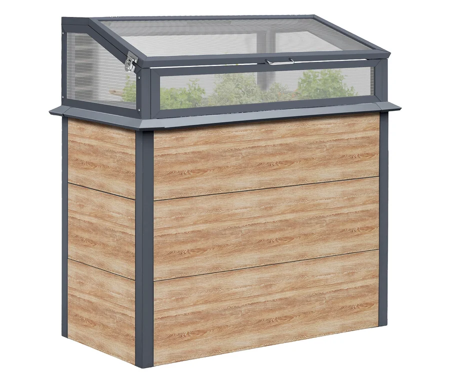Hochbeet Schneckenschutz mit Frühbeetaufsatz, Holzoptik.