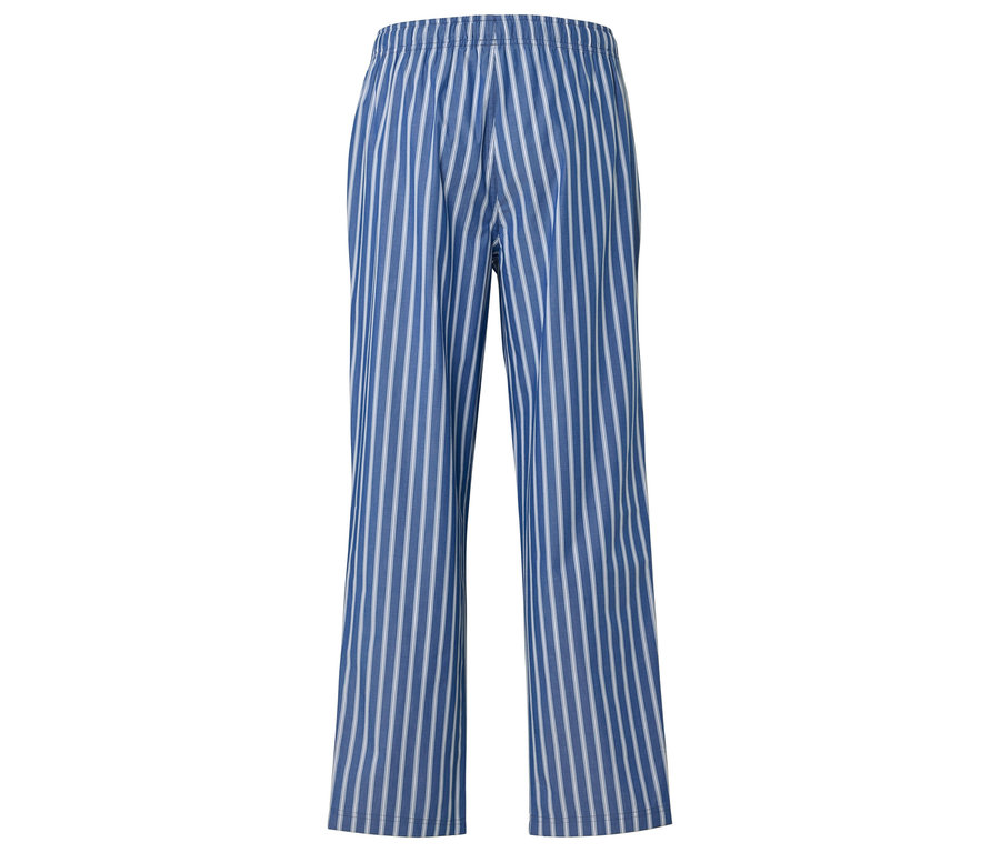 Blaue und weiße gestreifte Pyjamahose.