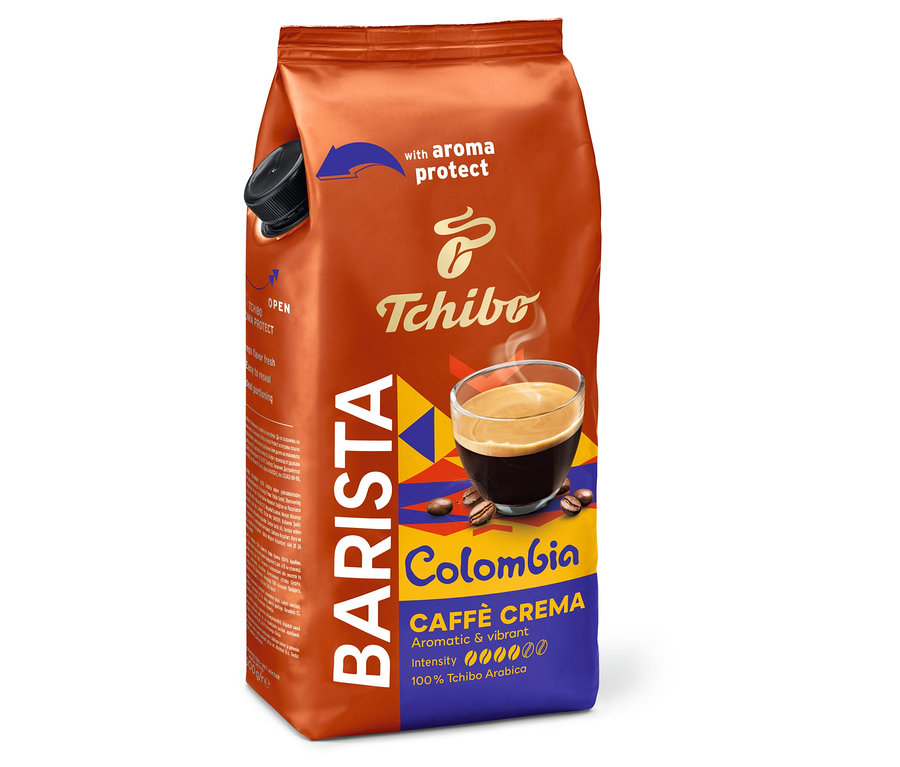 Eine Packung BARISTA Origins Colombia - 1 kg Ganze Bohne Kaffeebohnen mit Aromaschutz und Tchibo Logo ist zu sehen.