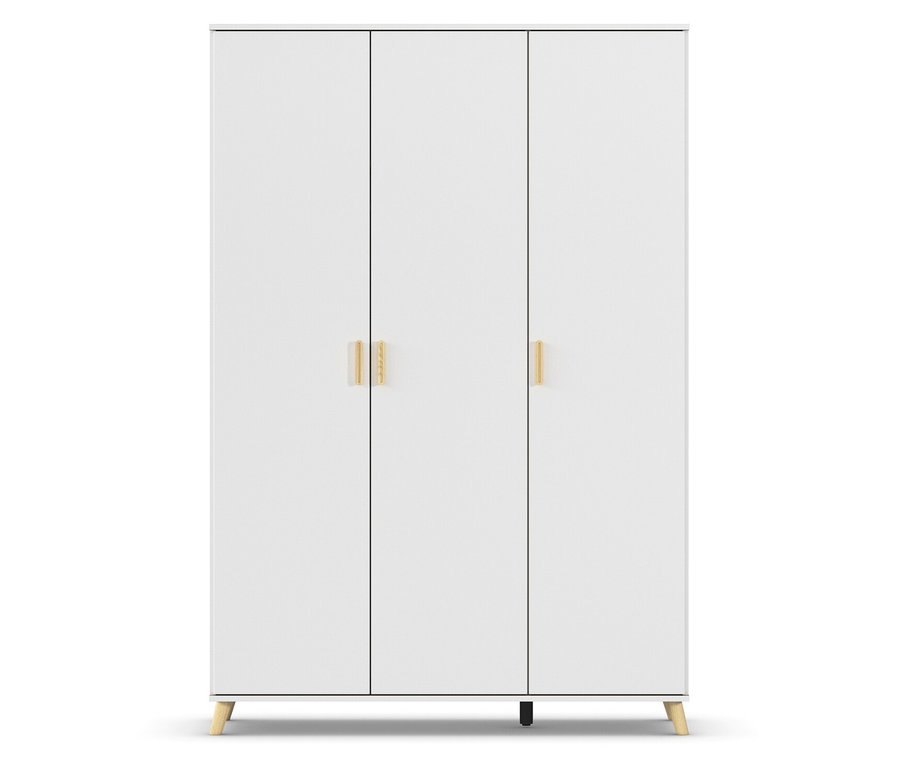 Weißer dreitüriger Kleiderschrank mit goldenen Griffen und Holzfüßen.