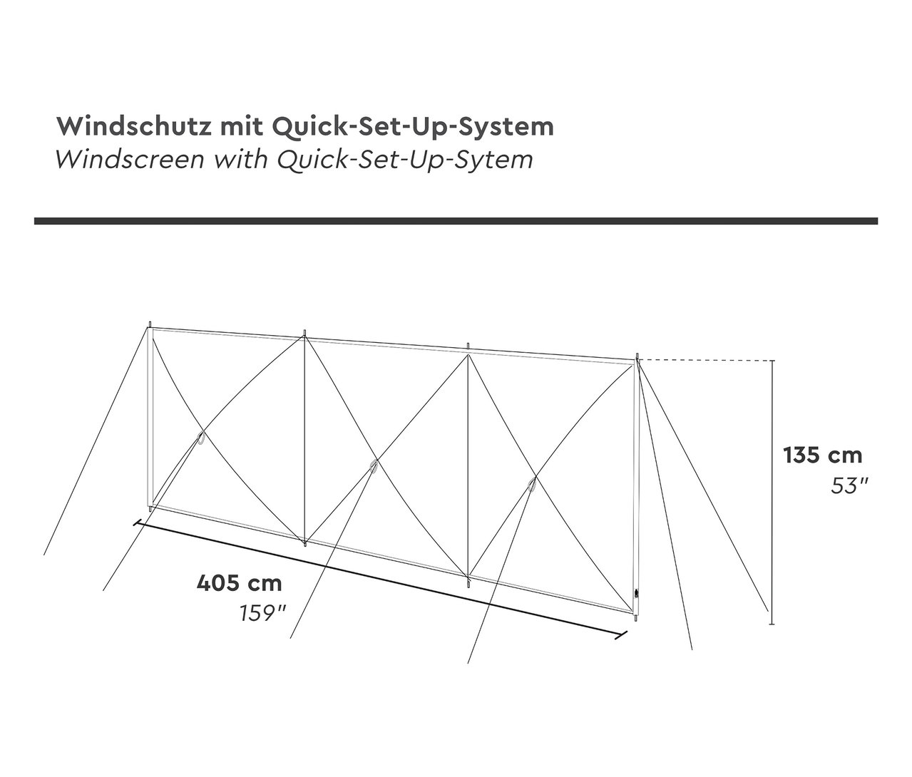Draufsicht des Tambu Windschutz »PRAKI« mit den Maßen 405 cm Länge und 135 cm Höhe.