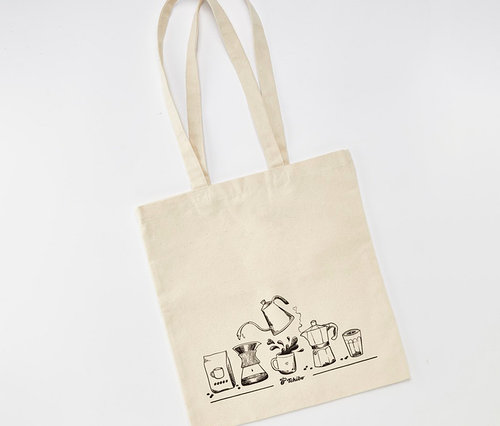 Beige Coffee Lover - Jutebeutel mit Kaffeemotiven auf weißem Grund.