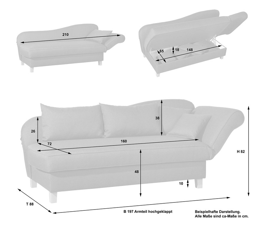 Skizze der Recamiere »Saturn« mit Stauraum, rechts, floral, mit Maßangaben für Höhe, Breite und Tiefe.