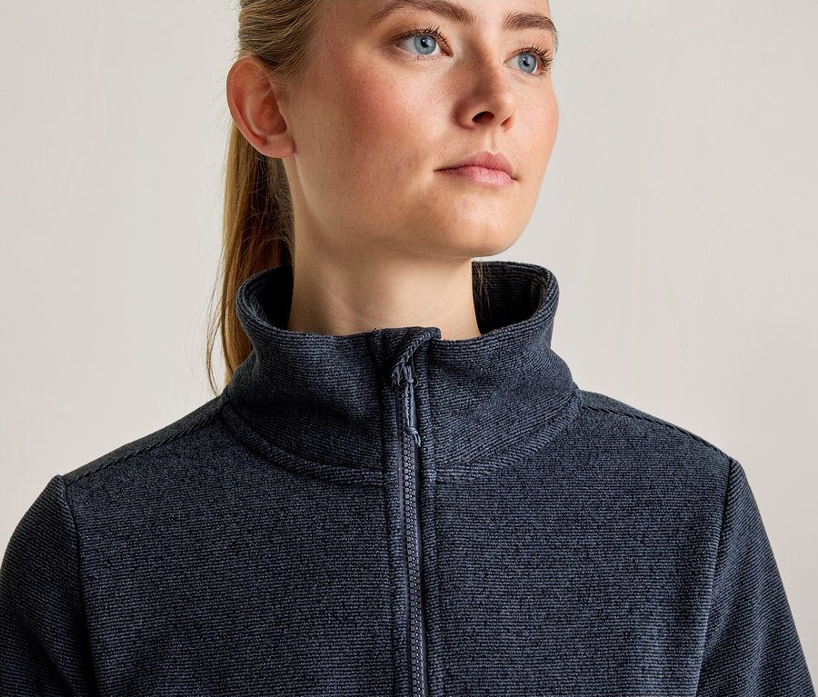 Nahaufnahme einer Frau mit blonden Haaren und blauen Augen, die nach rechts blickt und eine dunkelblaue, strukturierte Reißverschlussjacke mit hohem Kragen trägt.