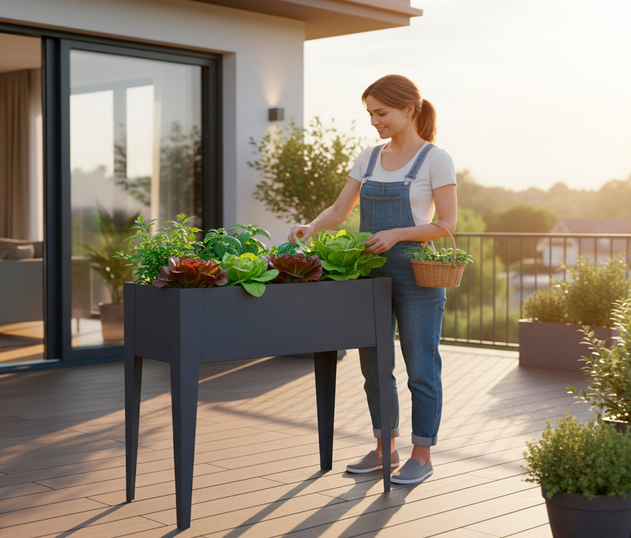 Frau gießt Pflanzen in einem erhöhten, grauen Gartenbeet auf einer Terrasse.