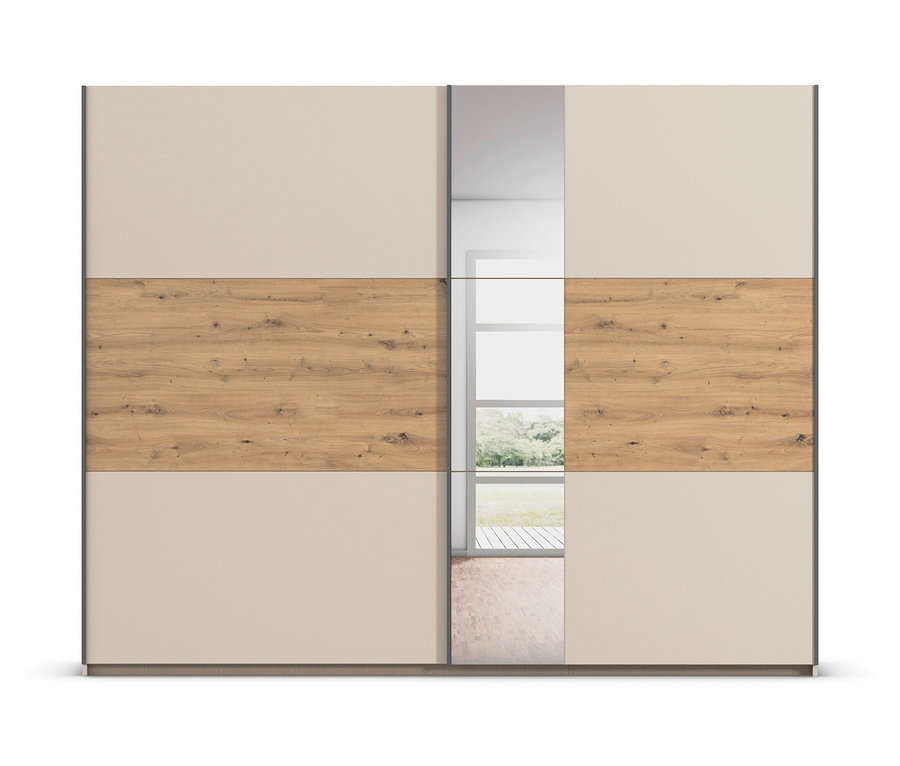 Ein großer Schrank mit Schiebetüren in Beige und Holzoptik, mit einem Spiegel in der Mitte.