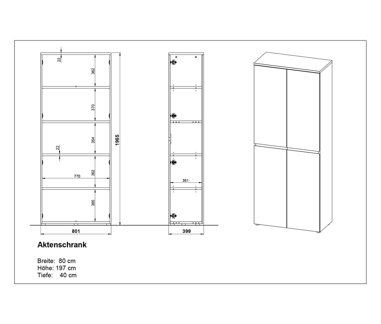 Drei Ansichten des Aktenschranks »Lissabon«, groß, mit Maßangaben.