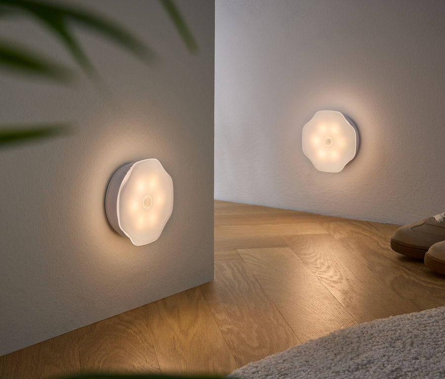 Zwei an Wänden montierte, blütenförmige, weiße Lichter beleuchten einen Raum mit Holzboden und beigen Schuhen.