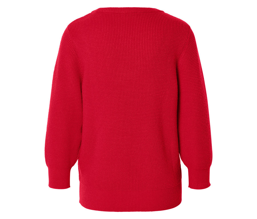 Rückansicht eines roten Strickpullovers mit langen Ärmeln.
