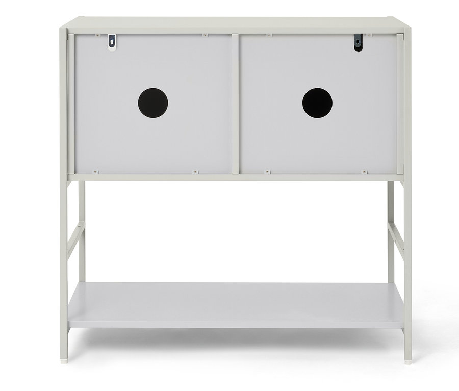 Ein grauer Waschtischunterschrank mit zwei Schubladen und einem offenen Regal.