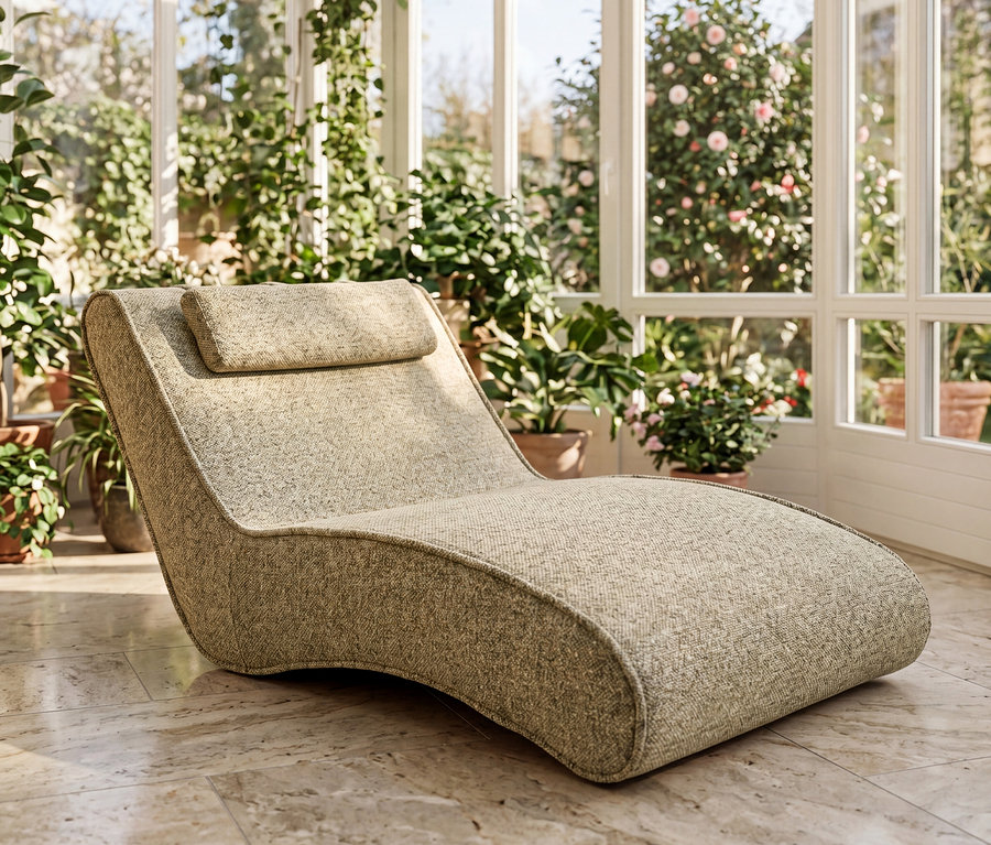 Eine hellgrüne Stoff-Chaiselongue mit Kopfstütze steht auf einem beigen Fliesenboden in einem hellen Wintergarten, umgeben von Topfpflanzen und großen Fenstern.