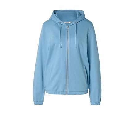 Hellblauer Kapuzenpullover mit Reißverschluss, Kapuze, Kordelzügen, silbernem Reißverschluss, zwei Vordertaschen sowie gerippten Bündchen und Saum.