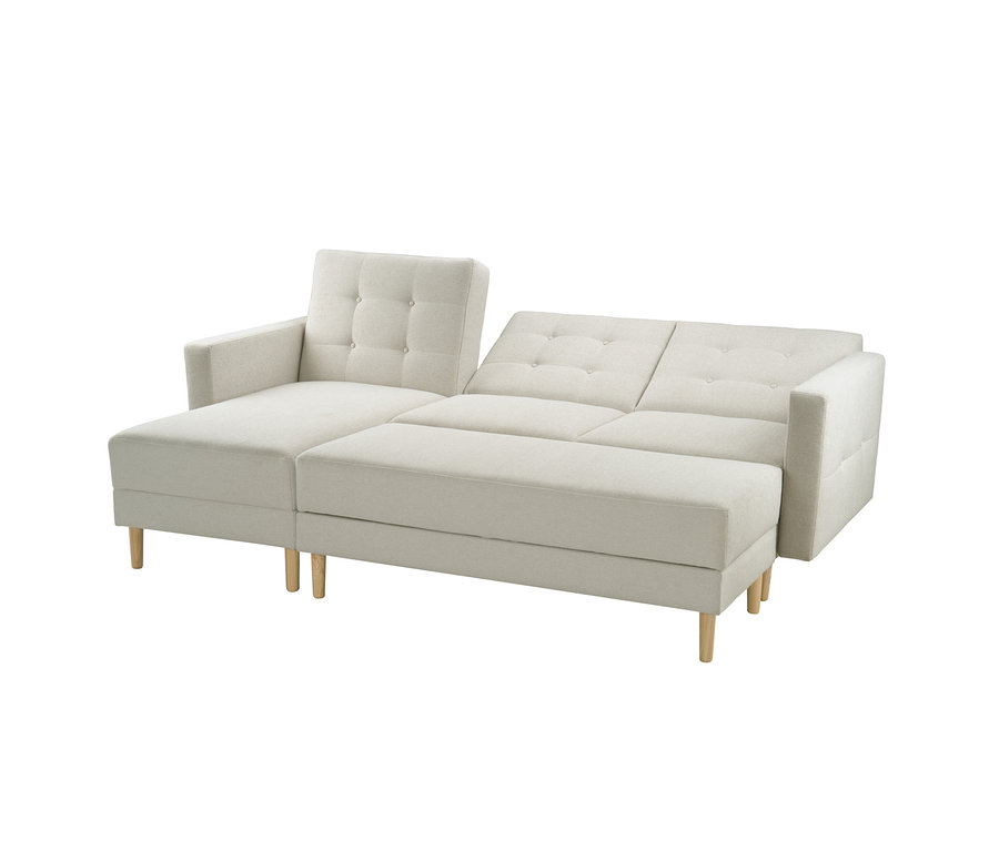 Helles beiges Modulsofa mit linker Chaiselongue und umwandelbarem rechtem Teil, mit getufteten Rückenlehnen und Holzbeinen.