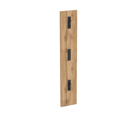 Vertikale Holzplatte in heller Holzoptik mit drei schwarzen Haken, von denen zwei ausgefahren und einer eingefahren ist.
