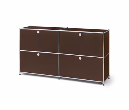 Brauner, modularer Schrank mit vier Fächern, silbernem Rahmen und runden Griffen auf weißem Hintergrund.