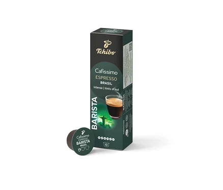 Eine Packung Cafissimo Barista Espresso Brasil - 10 Kapseln und eine einzelne Kapsel.