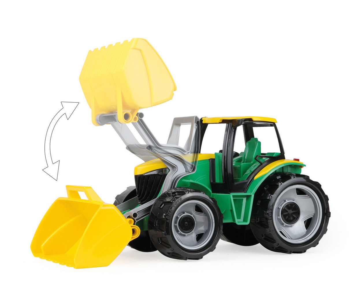 Grüner und gelber GIGA TRUCKS Traktor mit beweglichem Frontlader und Schaufel.