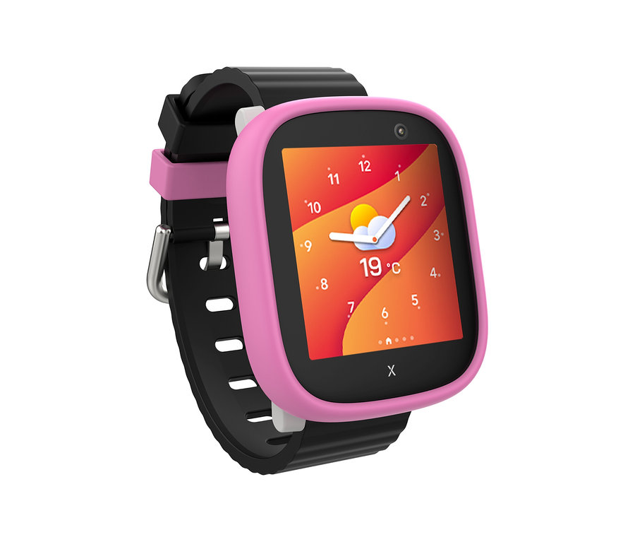 Eine Kinderuhr mit rosa Rahmen und schwarzem Armband zeigt die Uhrzeit und Temperatur an. Produkt: Kids Watch Xplora X6Play.