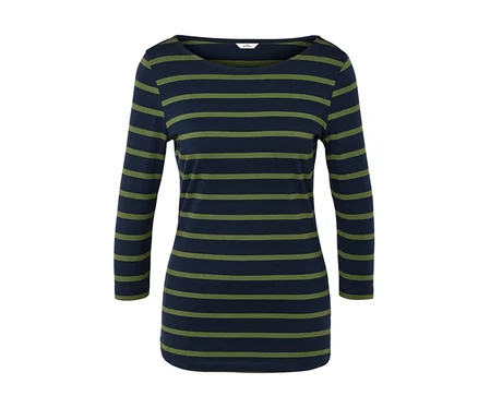 Damen Langarmshirt mit blau-grün gestreiften horizontalen Streifen.