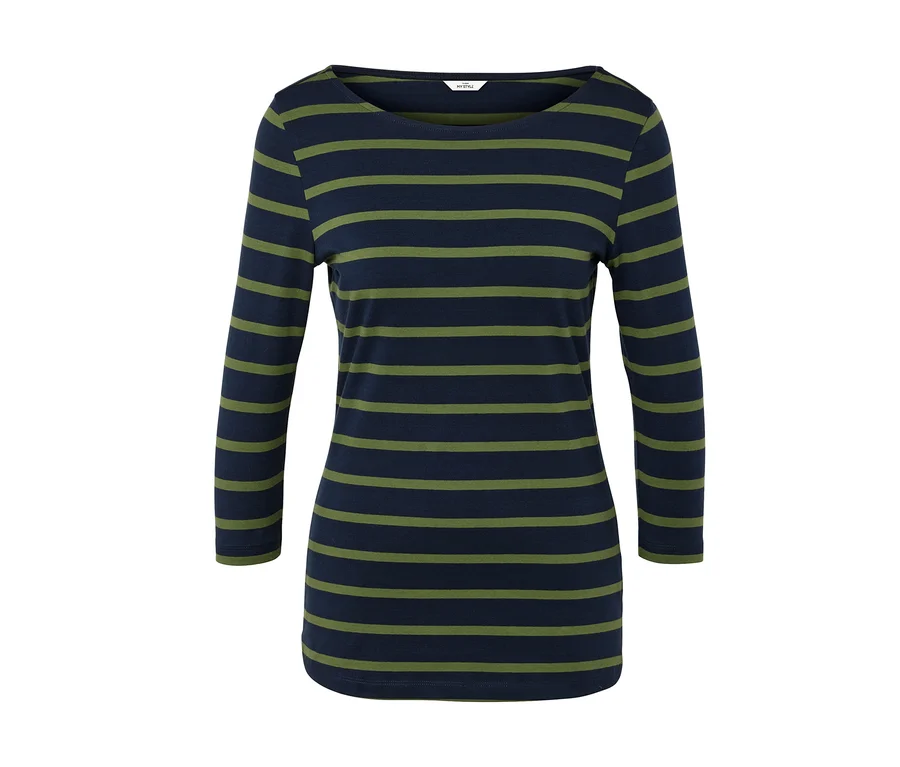 Damen Langarmshirt mit blau-grün gestreiften horizontalen Streifen.