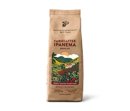 Braune Papiertüte Farmkaffee Ipanema - 500 g Ganze Bohne mit einer Illustration einer brasilianischen Kaffeefarm.
