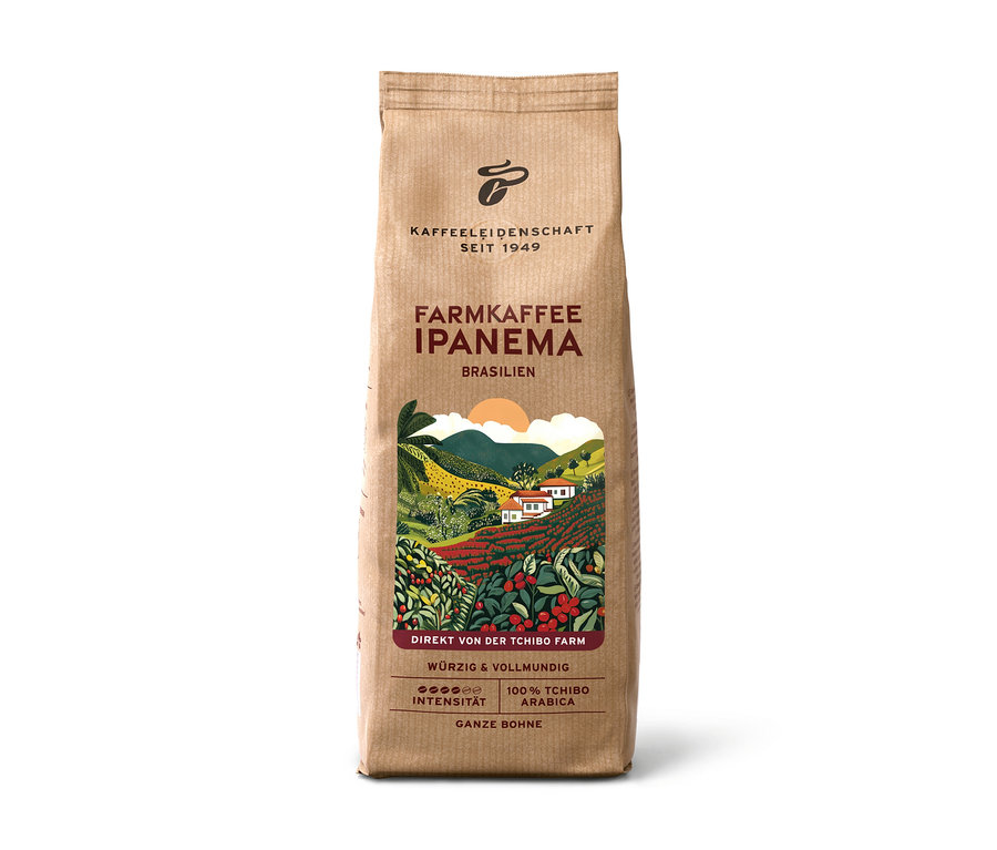 Braune Papiertüte Farmkaffee Ipanema - 500 g Ganze Bohne mit einer Illustration einer brasilianischen Kaffeefarm.