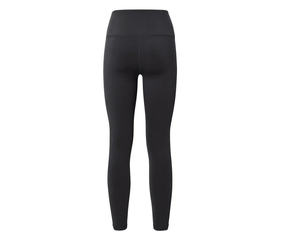 Schwarze, hochgeschnittene Leggings, von hinten gezeigt.