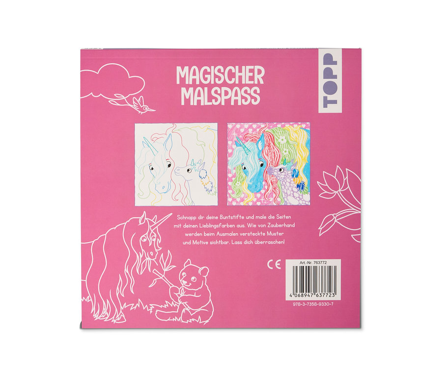 Pinkes Malbuchcover mit dem Titel „Magischer Malspaß“, das zwei Einhornköpfe vor und nach dem Ausmalen zeigt, mit Text über versteckte Muster und einem Einhorn mit Bär.
