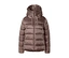 Glänzende, mokkafarbene Steppjacke mit hohem Kragen und Kapuze, mit Reißverschluss vorne.