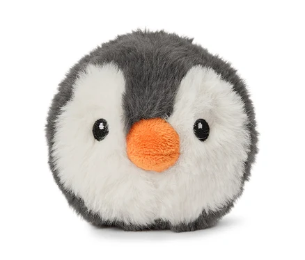 Rundes, flauschiges Pinguin-Stofftier mit grauem und weißem Fell, schwarzen Augen und orangefarbenem Schnabel.
