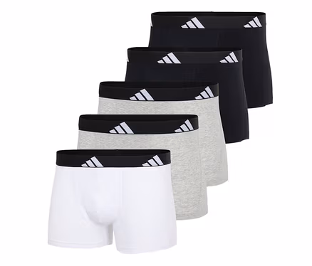 Fünf adidas Active Flex Cotton Slipboxer in Weiß, Grau und Schwarz, aufgefächert und gestapelt. Jeder Slipboxer hat einen schwarzen Bund mit weißen adidas Drei-Streifen-Logos.