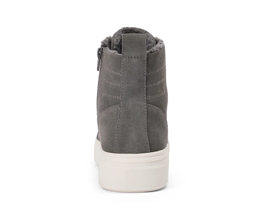 Grauer High-Top-Sneaker aus Wildlederimitat mit weißer Plateausohle, Reißverschluss und flauschigem Futter, von hinten gesehen.