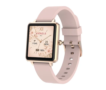 Hellrosa Smartwatch mit quadratischem roségoldenem Gehäuse und floralem Display, das Uhrzeit, Datum, Schritte und Batteriestand anzeigt.