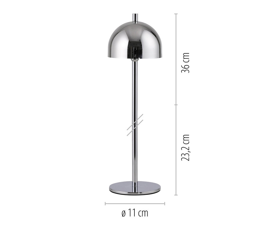 Verchromte Tischlampe mit kuppelförmigem Schirm und rundem Fuß, 36 cm hoch und 11 cm Fußdurchmesser.