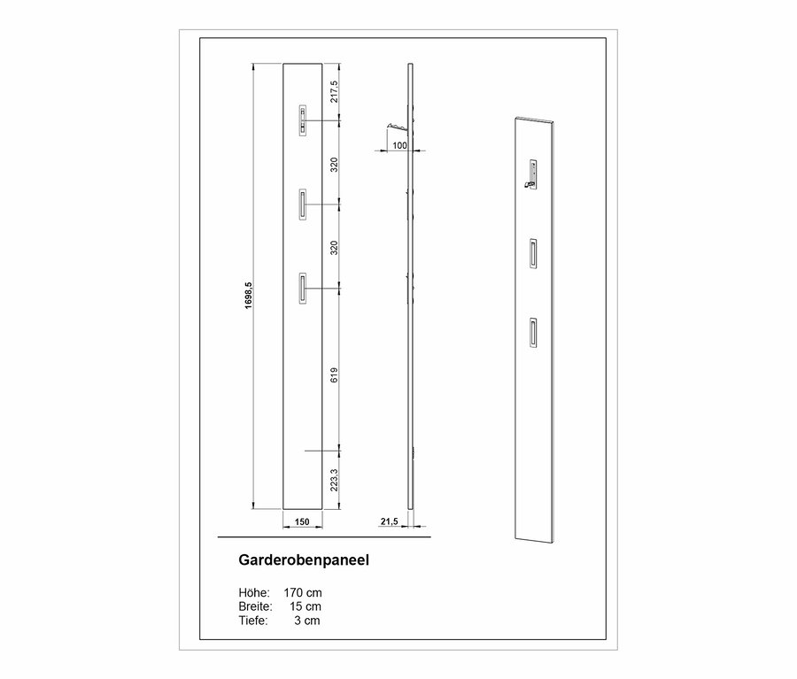 Technische Zeichnung eines weißen Garderobenpaneels mit drei schwarzen, ausklappbaren Haken. Das Paneel ist 170 cm hoch, 15 cm breit und 3 cm tief.