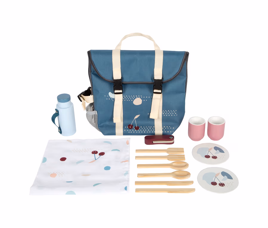 Blauer small foot Picknickrucksack »tasty« mit Decke, Flasche, Tassen, Tellern und Besteck.