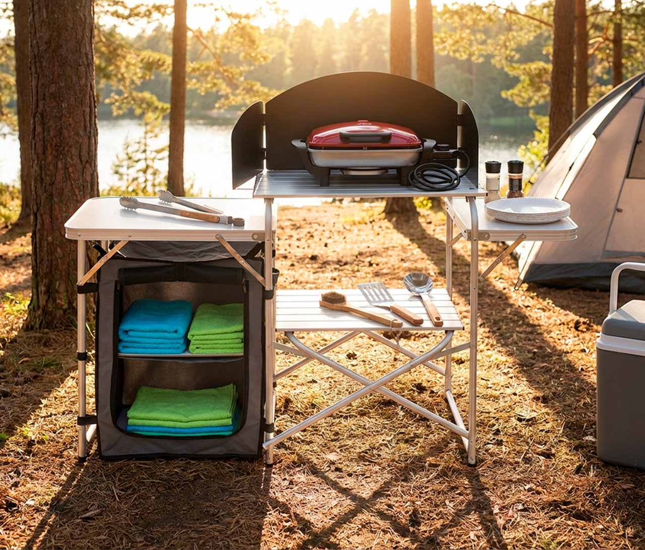 Faltbare Campingküche »Redwood S« in einer Waldlichtung. Die Einheit hat einen roten Elektrogrill mit Windschutz, Kochutensilien, Pappteller, Gewürzstreuer und gefaltete blaue und grüne Handtücher im Stauraum. Ein Zelt und ein See sind im Hintergrund, eine Kühlbox in der Nähe.