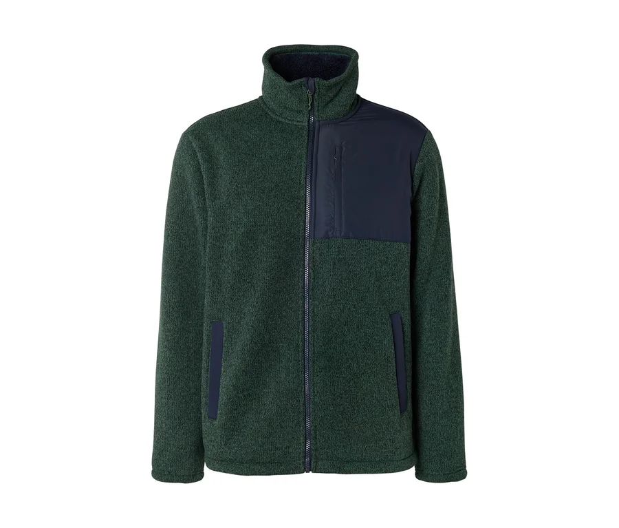 Dunkelgrüne Fleecejacke mit hohem Kragen, durchgehendem Reißverschluss und marineblauen Akzenten an Brusttasche und Seitentaschen.