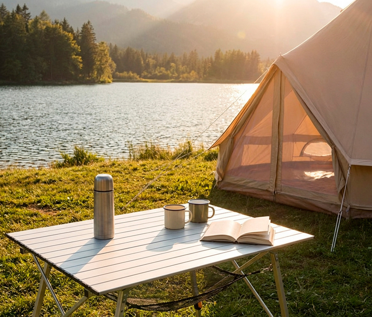 Ein Faltbarer Campingtisch mit einer Thermoskanne, zwei Tassen und einem offenen Buch steht auf grünem Gras neben einem beigen Zelt. Im Hintergrund spiegelt ein See den Sonnenuntergang über Bergen und Wald.