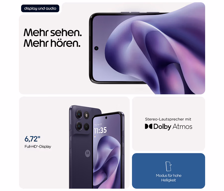 Das Motorola moto g17 LTE 128GB in Evening Blue wird mit Display- und Audiofunktionen gezeigt.