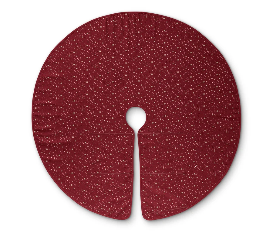 Rote Tannenbaumdecke mit Sternen.