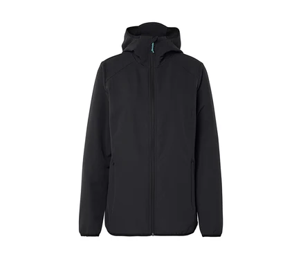 Schwarze Kapuzenjacke mit Reißverschluss.