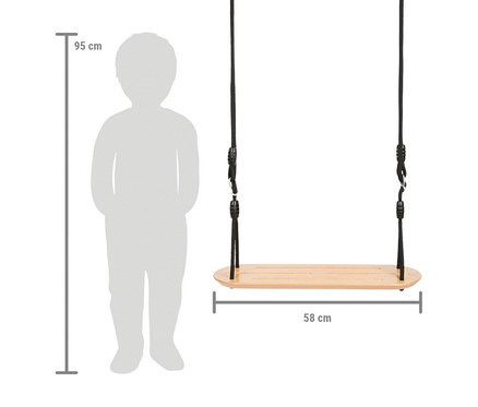 Eine helle Holzschaukel mit schwarzen Seilen hängt neben einer grauen Kindersilhouette. Die Kindersilhouette ist 95 cm groß und der Holzschaukelsitz ist 58 cm breit, was die Größe angibt.