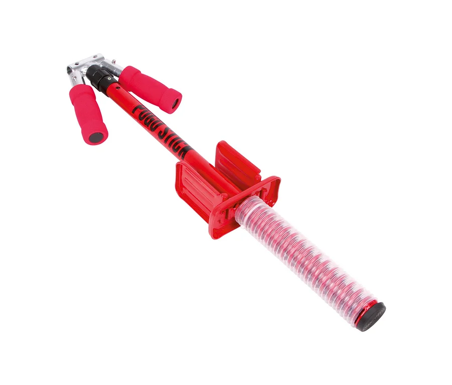 Roter small foot Pogo-Stick mit roten Griffen und Fußstützen, sichtbarer Feder und schwarzer Gummispitze.