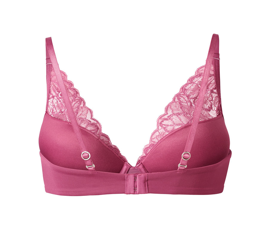 Detailaufnahme eines lila Schalen-BHs mit Spitze.