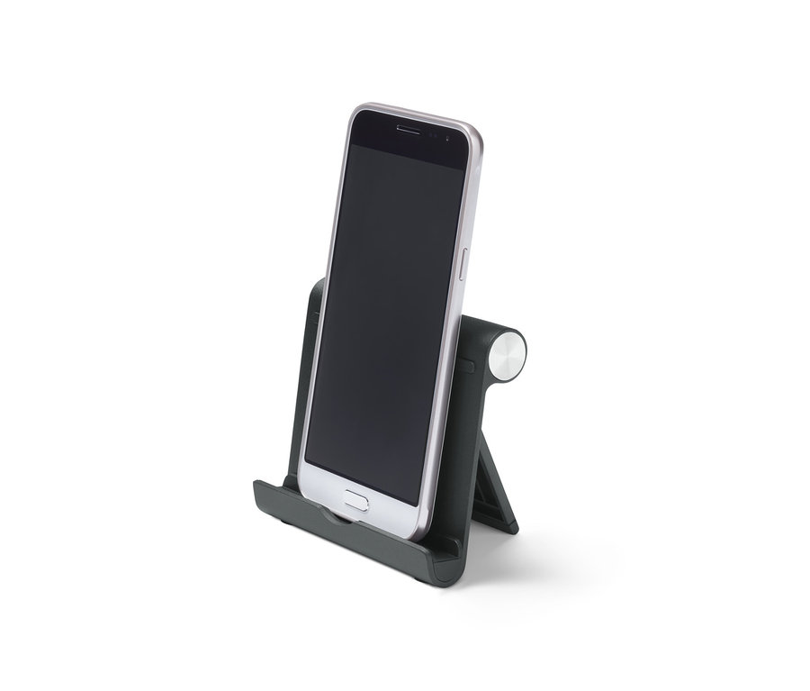 Schwarzer Smartphone- und Tablet-Ständer mit eingelegtem Smartphone.