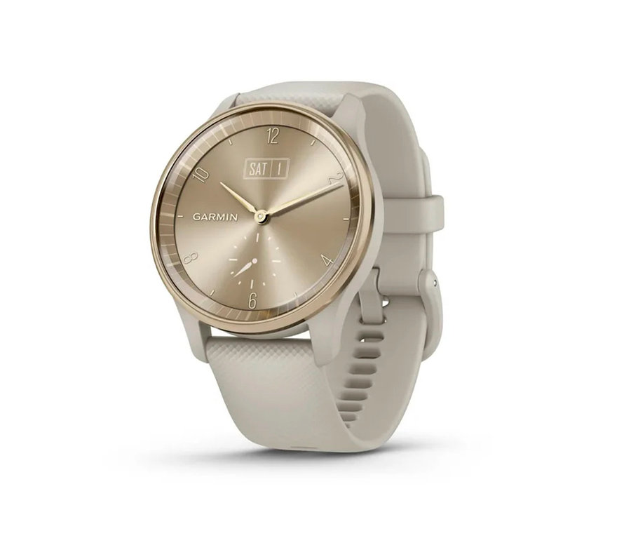 Detailaufnahme einer cremefarbenen goldenen GARMIN vivomove Trend.