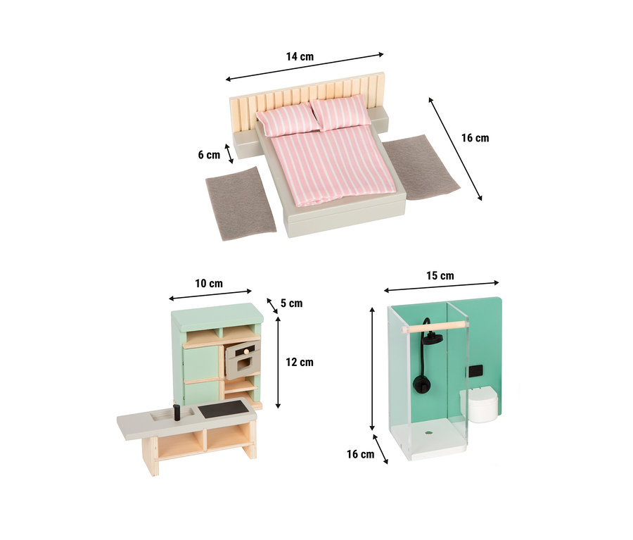 Drei Puppenhaus-Möbelsets: ein Schlafzimmer mit grauem Bett (14 cm lang, 16 cm hoch), rosa-weiß gestreifter Bettwäsche, Holz-Kopfteil und zwei grauen Teppichen; eine Küche mit hellgrüner Schrankeinheit, offenem Ofen, grauer Arbeitsplatte mit Spüle und Herd (10x5x12 cm); ein Badezimmer mit klarer Duschkabine, mintgrüner Rückwand und weißer Toilette (15x16 cm).