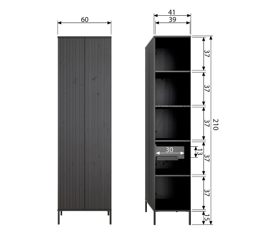 Hoher, dunkelgrauer Schrank mit vertikaler Rillenstruktur, von vorne geschlossen (60 cm breit) und offen mit mehreren Regalböden (41 cm breit, 39 cm tief) gezeigt. Gesamthöhe 210 cm, Fachhöhen variabel.