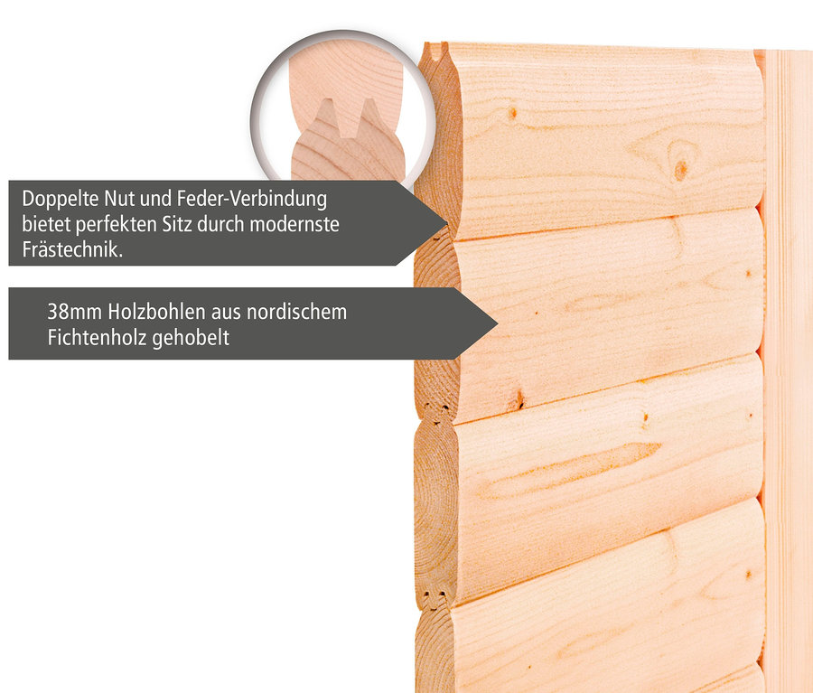 Detailaufnahme von Holzbrettern mit Nut- und Federverbindung. 38mm gehobelte Holzbohlen aus nordischer Fichte.